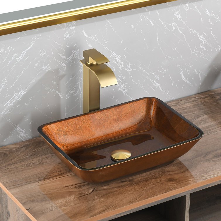 Interbath 13'' Brown Glass Rectangular Vessel Bathroom Sink with Faucet